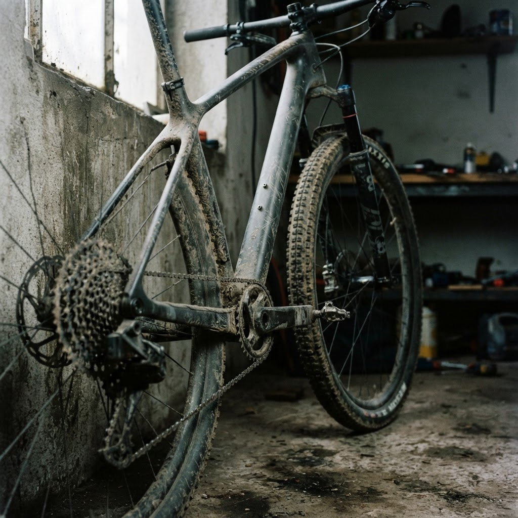 A high-end cross-country mountain bike leaning against a concrete wall in a dim workshop
